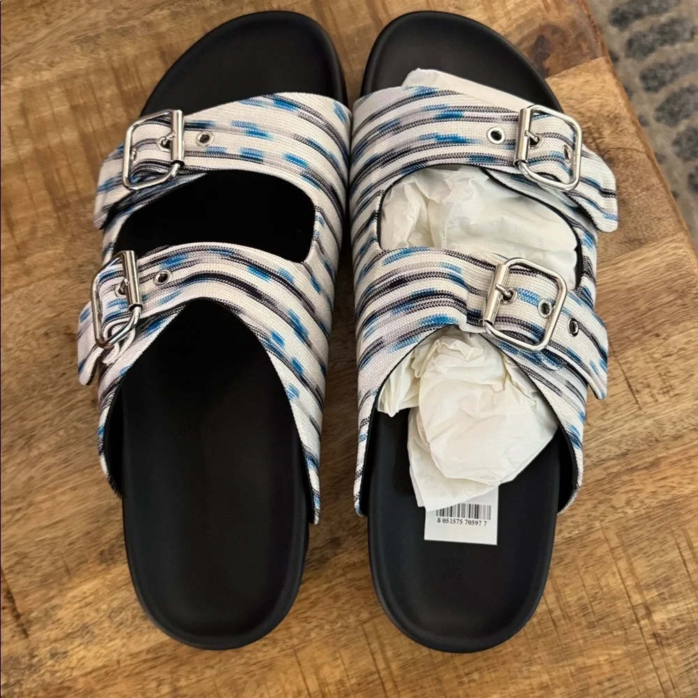 Missoni Mens 2 strap double Buckle Sandals - Black, Blue, and White/ slides slip